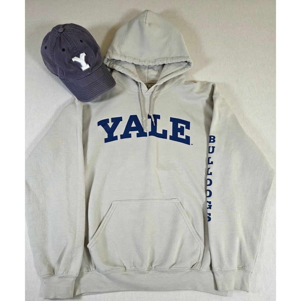 Yale University YU Pullover Hoodie Men M Tan and Blue Bulldogs Graphic Free Hat!